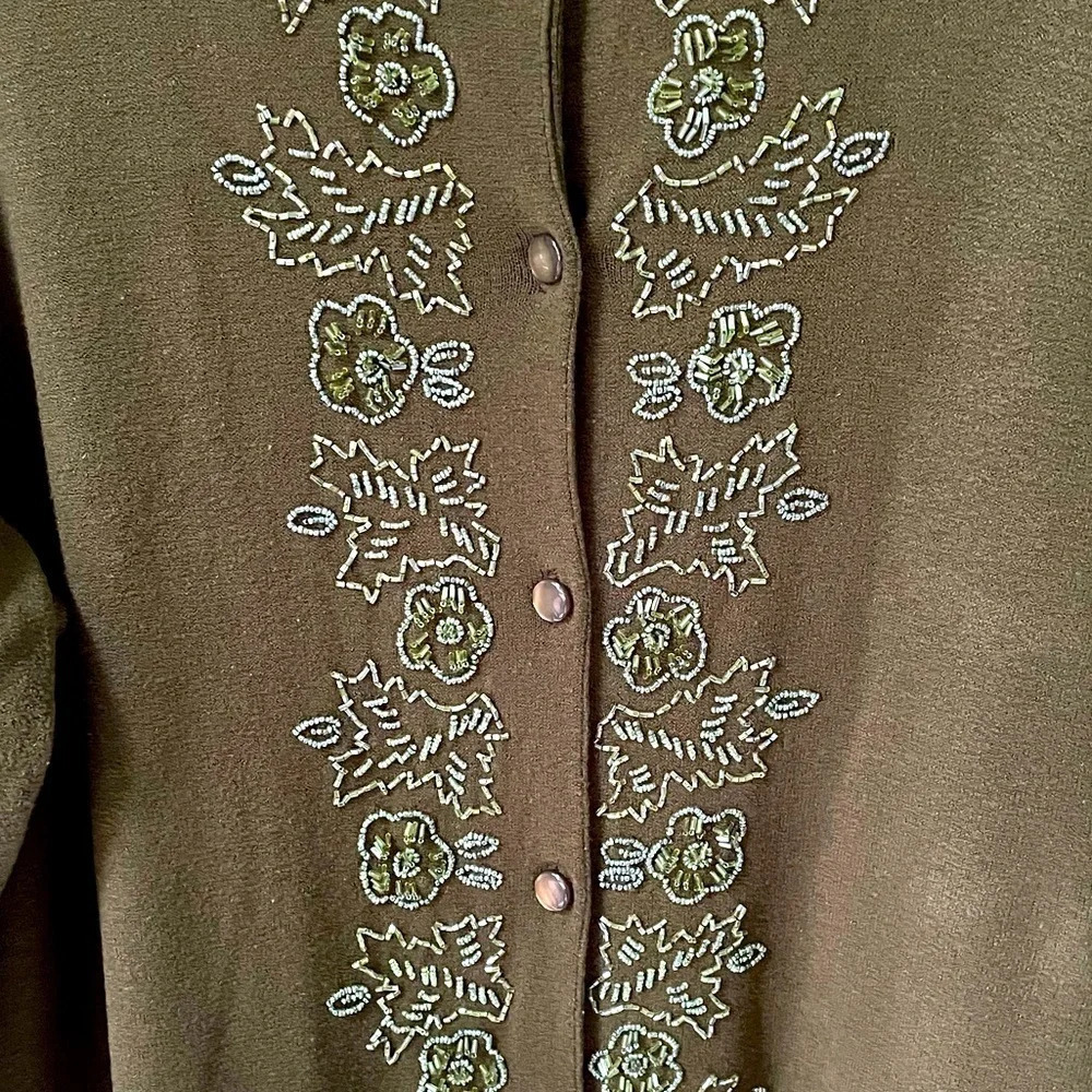 2pc Dress Barn Moss green sweater set. Embellished front & sleeve, button down. - Picture 3 of 7